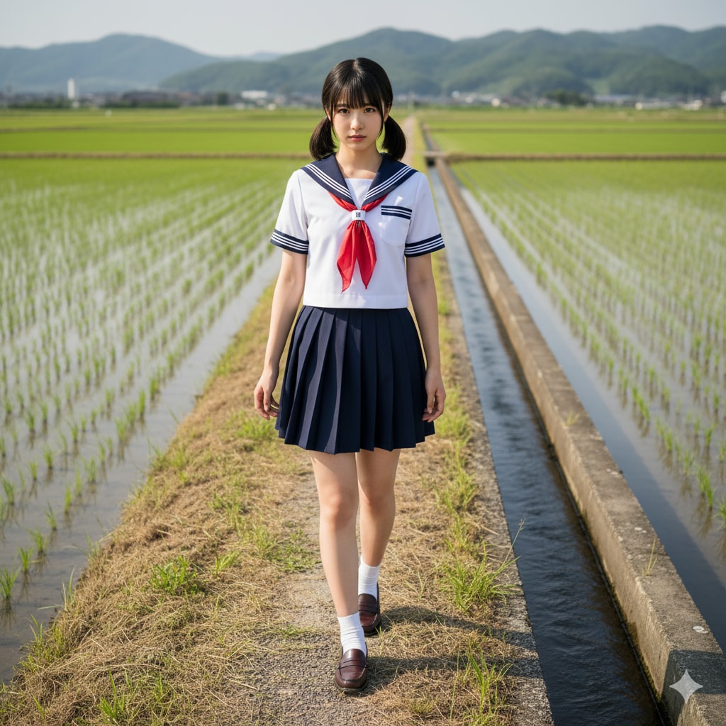 田舎の田んぼ道を歩く