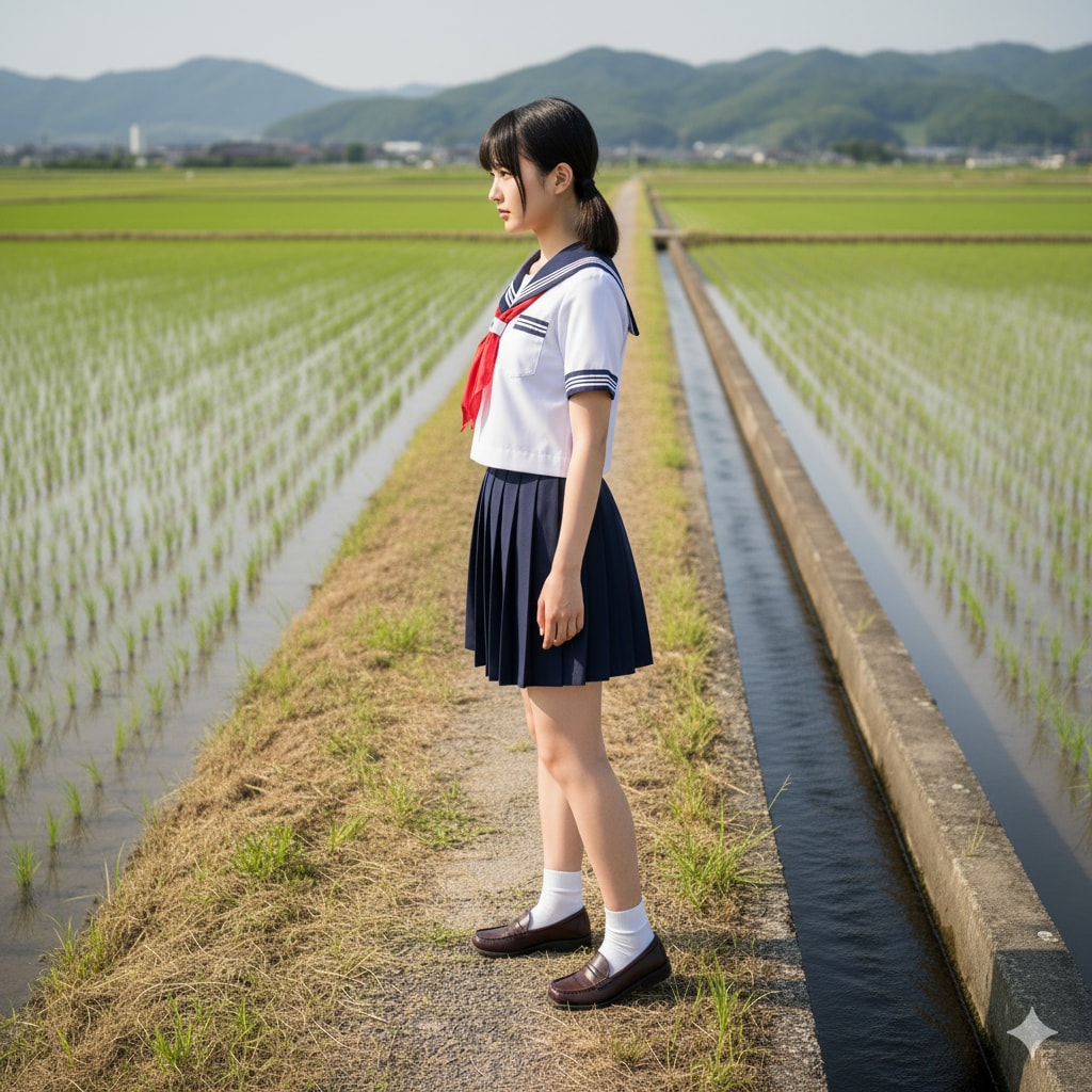 田舎の田んぼ道を歩く