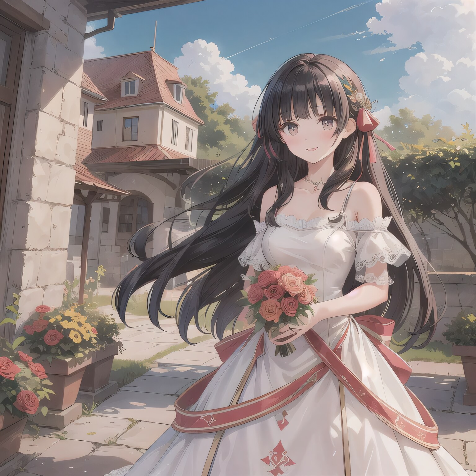 黒髪ロングでウェディングドレスの少女２８ | の人気AIイラスト・グラビア