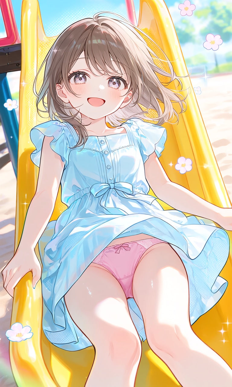 すべり台をすべる少女