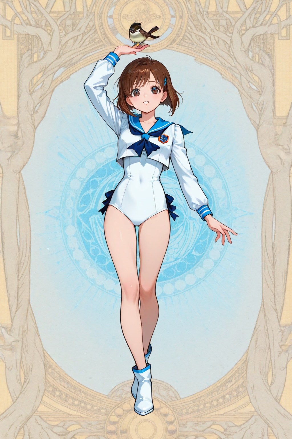 「セーラー服を着たスズメの学校の女生徒」の全身写真