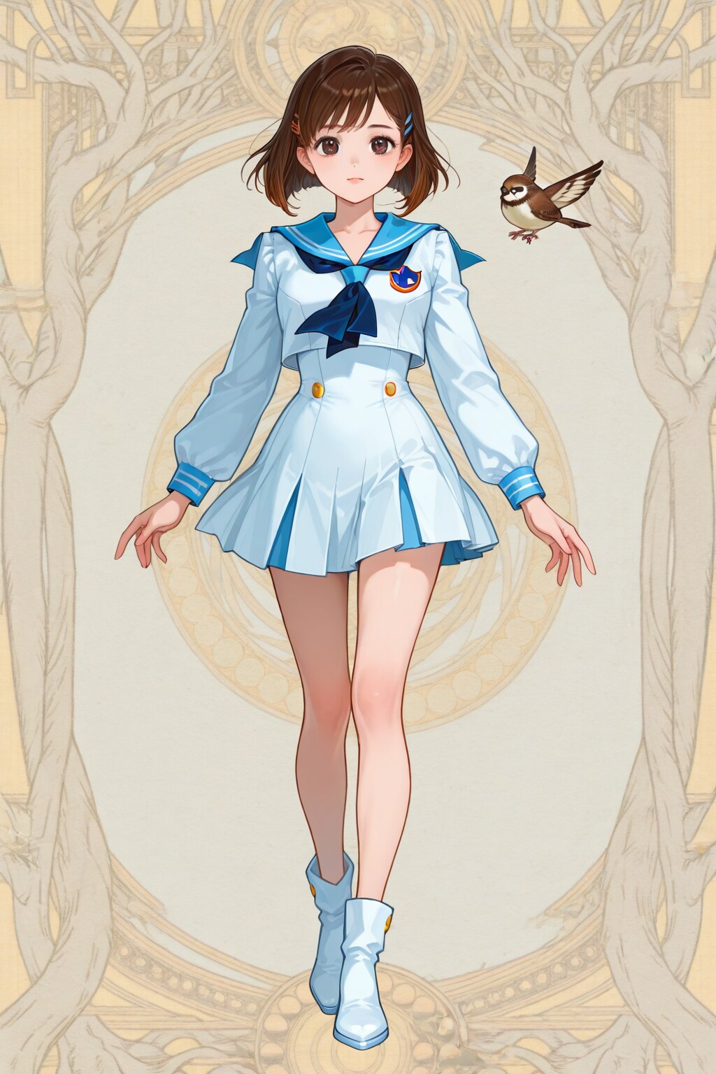 「セーラー服を着たスズメの学校の女生徒」の全身写真