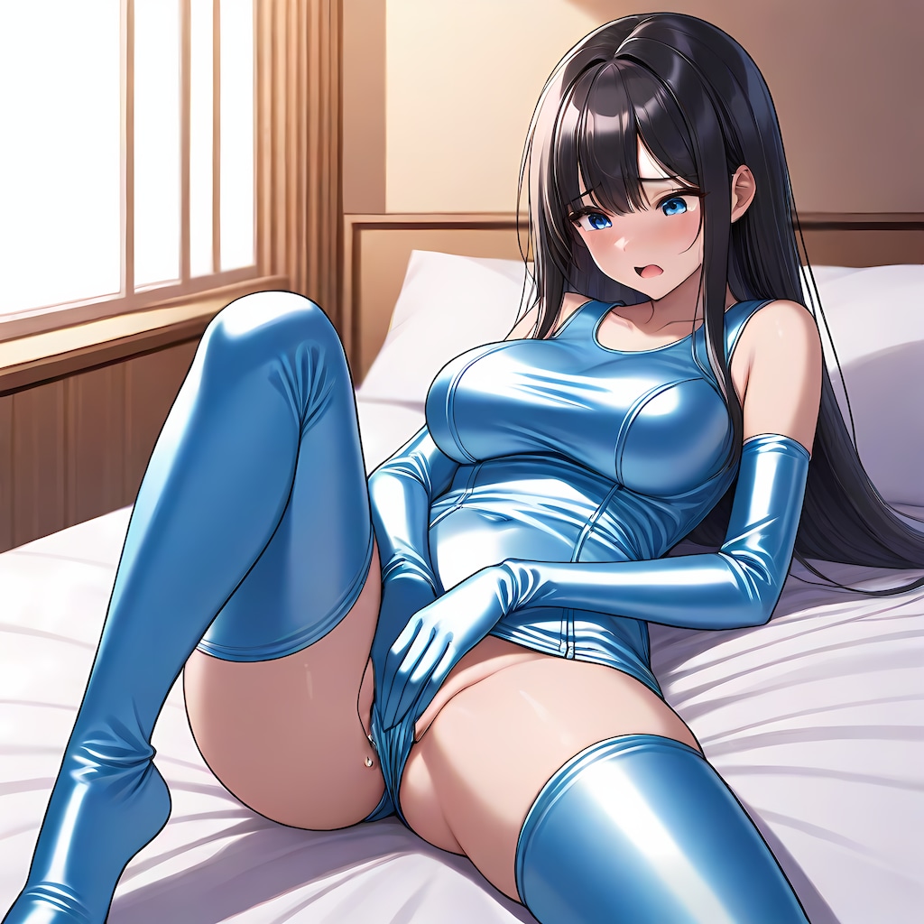 水色サテン旧型スクール水着長手袋サイハイソックスオナニー