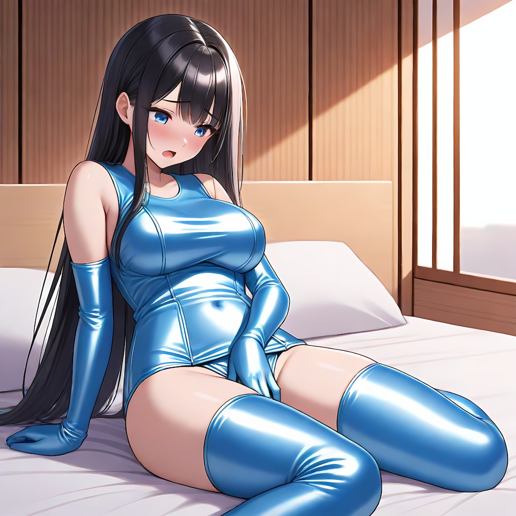 水色サテン旧型スクール水着長手袋サイハイソックスオナニー