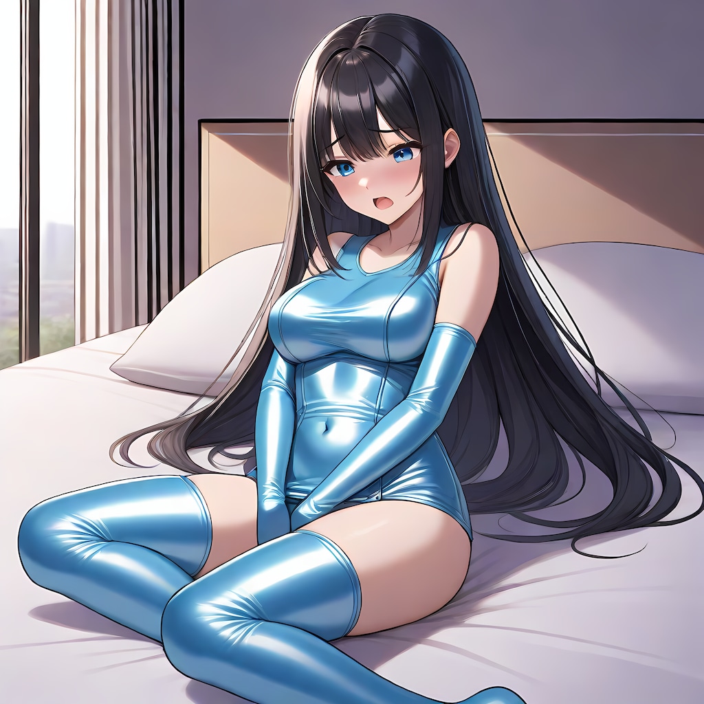 水色サテン旧型スクール水着長手袋サイハイソックスオナニー