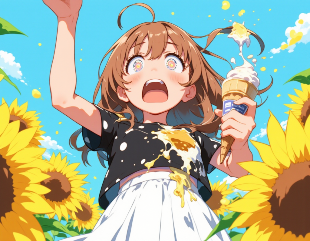 夏のアイスハプニング ～向日葵畑での驚き～