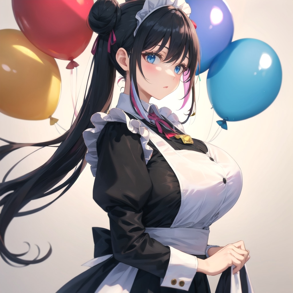 いっぱい色とりどりの風船を持つ黒髪ロングのメイド服着た美女