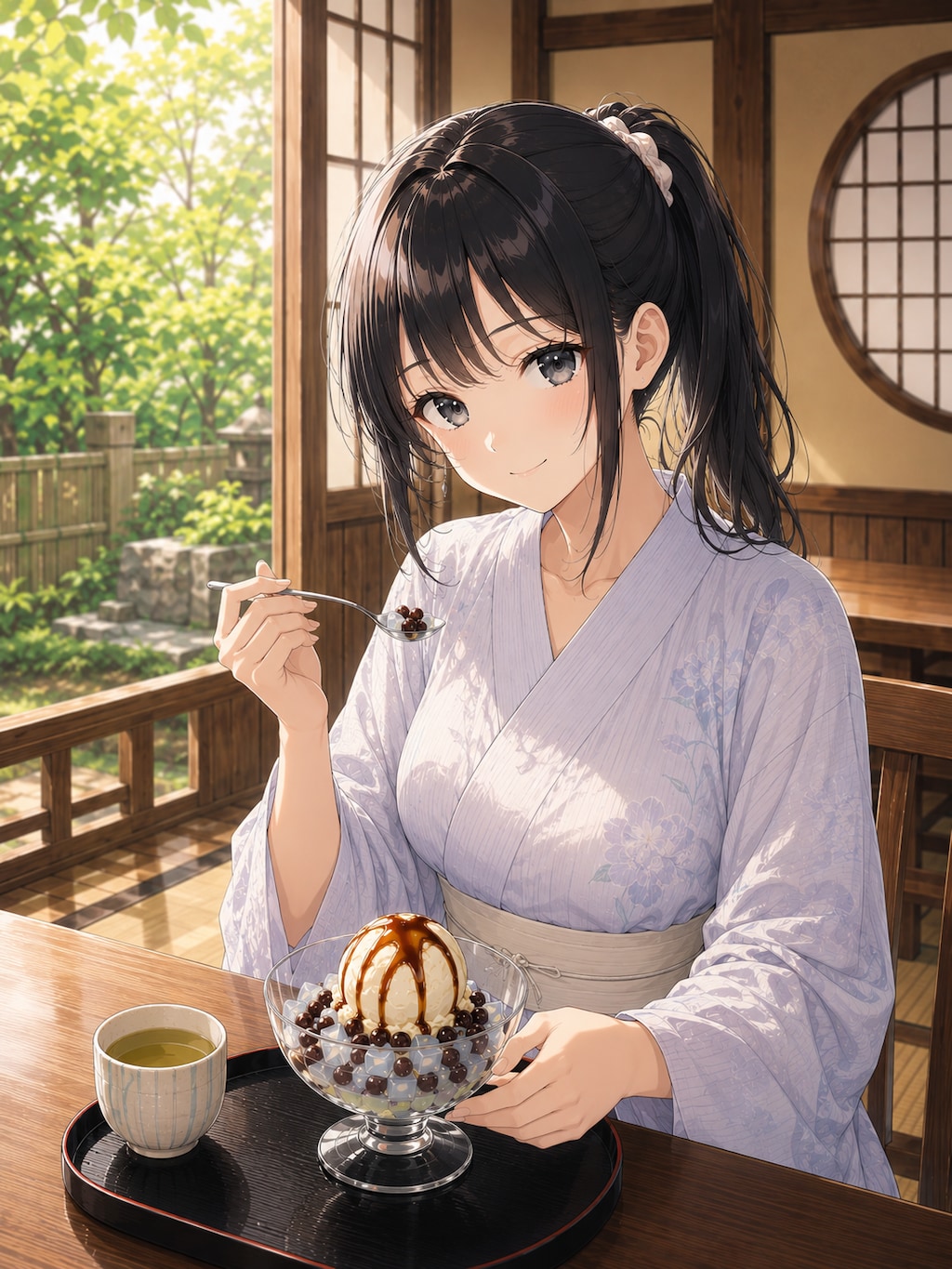 和風喫茶で涼を楽しむお嬢さん