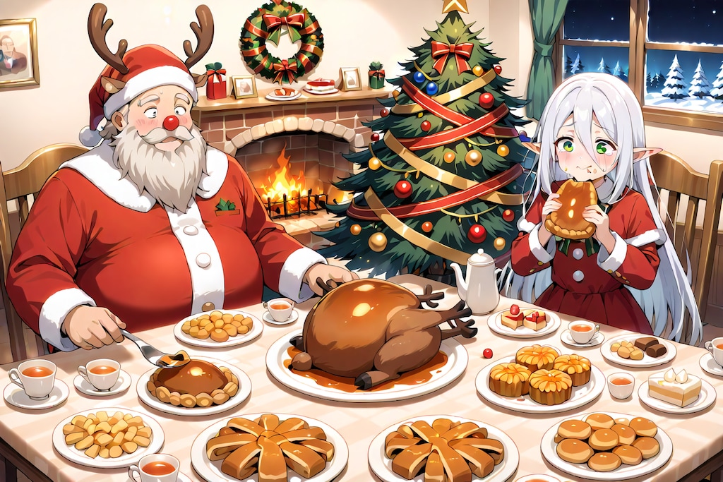 仕事終わりにみんなと食事をするエルフの女の子