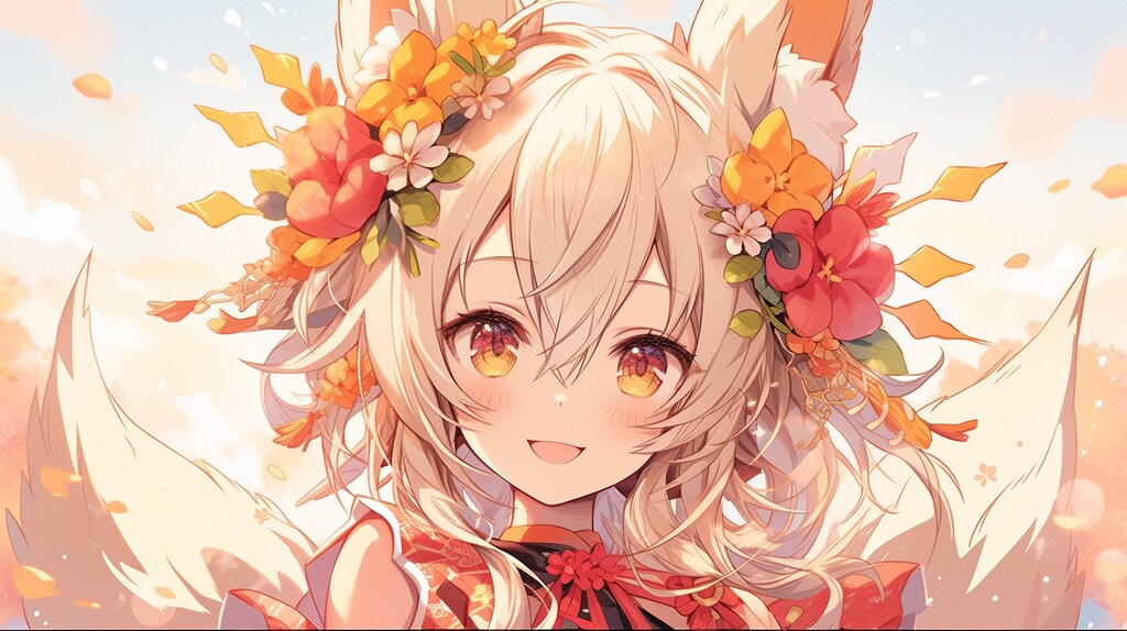 秋風に舞う花冠の狐少女