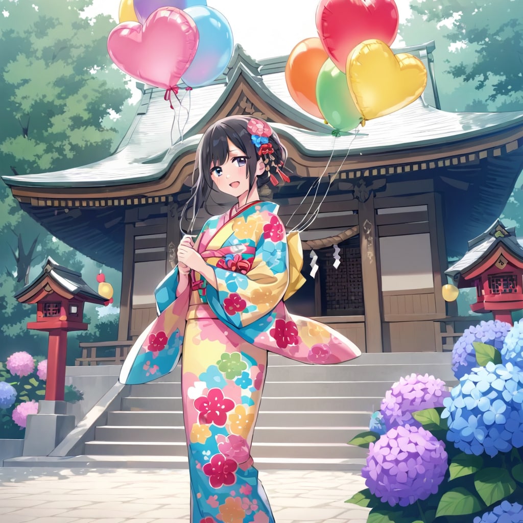 紫陽花咲く神社でいっぱい色とりどりの風船を持つ黒髪ショートカットの着物着た美女