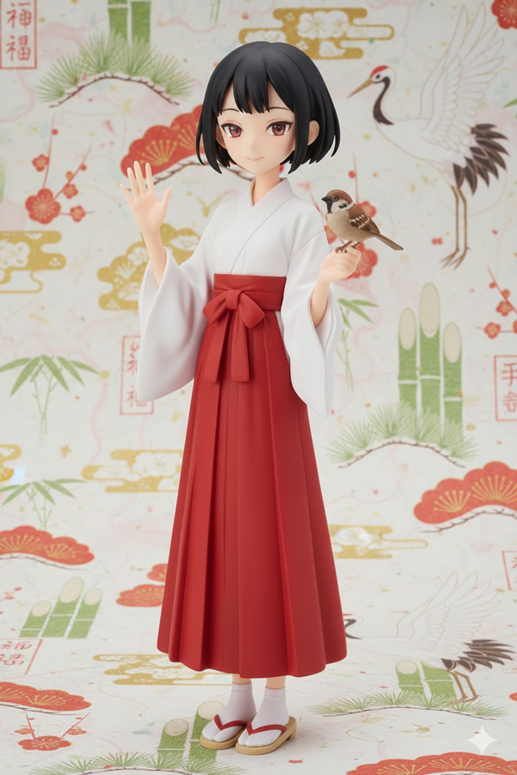 ラフ水彩塗り風イラスト巫女さん　GPT立ち絵とNanoBananaフィギア　（OpenAI版GPT低速モードとBingAI版GPTモデル）