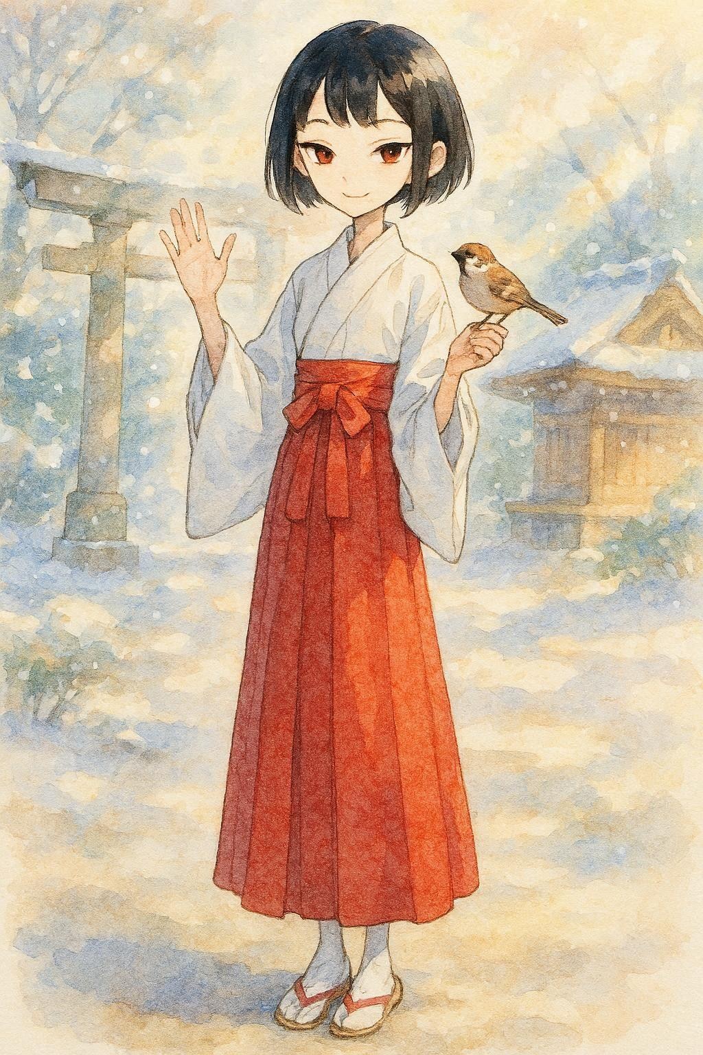 ラフ水彩塗り風イラスト巫女さん　GPT立ち絵とNanoBananaフィギア　（OpenAI版GPT低速モードとBingAI版GPTモデル）