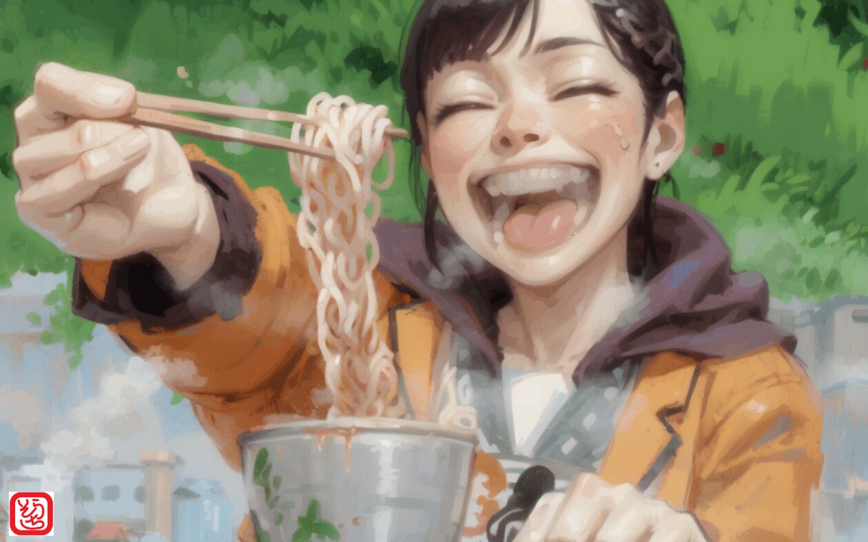 「キャンプで食うラーメン最高～!!」