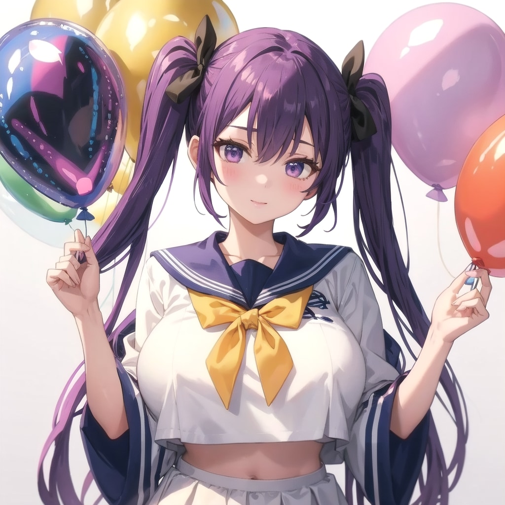 いっぱい色とりどりの風船を持つ紫髪ツインテールのセーラー服着た美少女