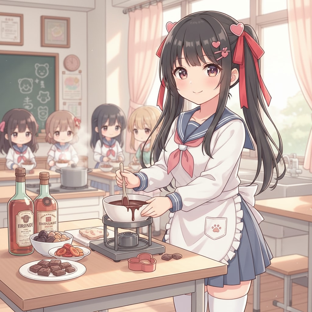 黒ツイさん。バレンタイン。料理部。アニメ風。chibi.