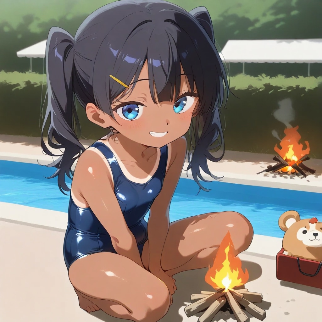 焚火で温まるスク水の小さな女の子