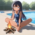 焚火で温まるスク水の小さな女の子 2枚目