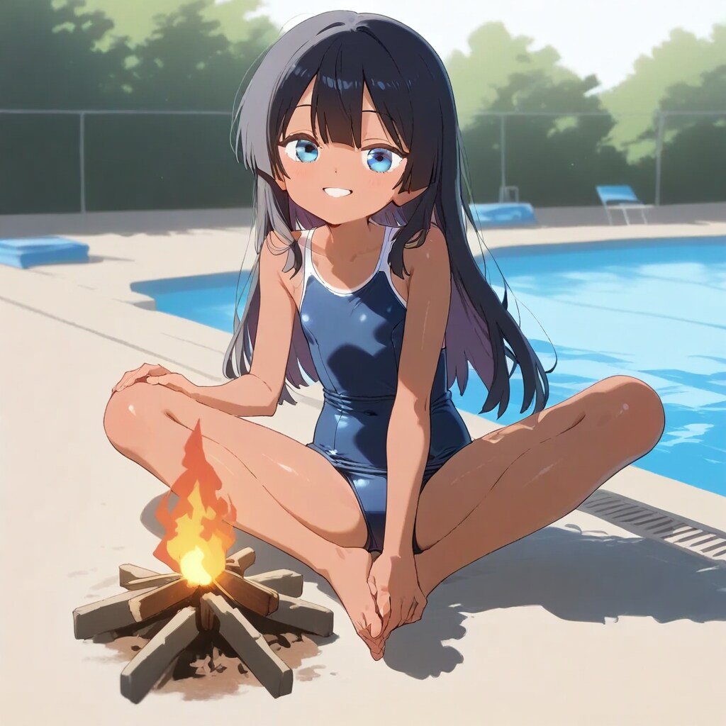 焚火で温まるスク水の小さな女の子
