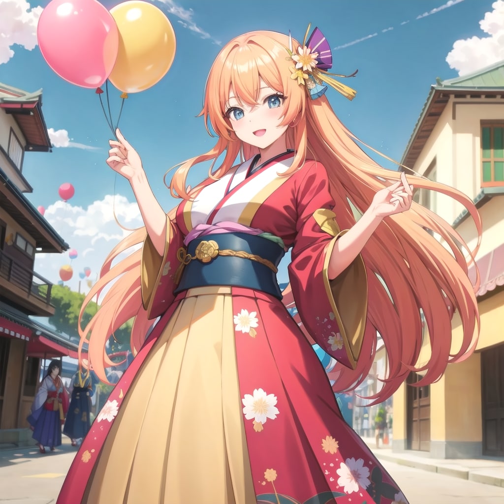 色とりどりの服装を持つ黄色髪ロングの大正ロマンの服装した美女 | の人気AIイラスト・グラビア