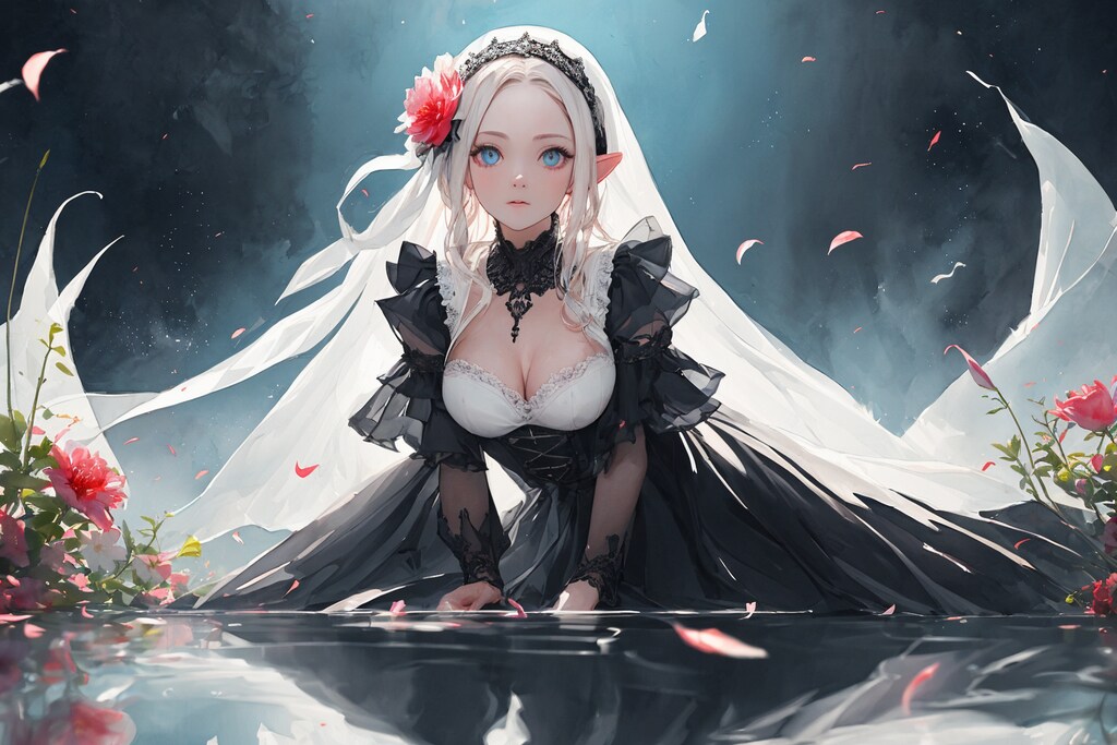 水辺で出会った黒ドレスの銀髪エルフさん