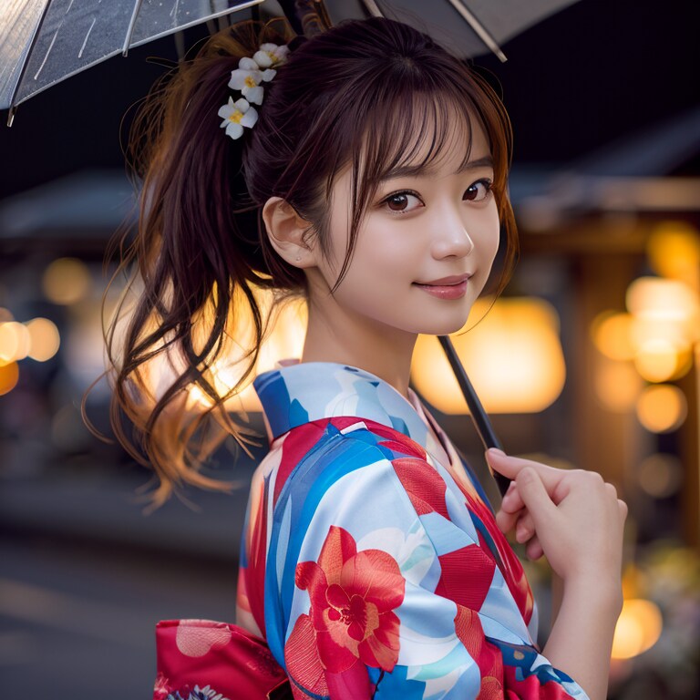 雨で和服で振り返る
