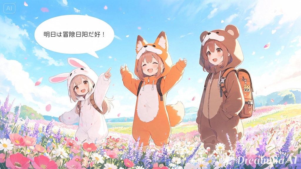 【All0508a】今日もやる気が出ないので、郊外の春花が沢山植えられた花畑にやって来た、着ぐるみ少女冒険者達は沢山の綺麗な花を見た事により気分が晴れてやる気が出てきた。（Seedream 5.0）