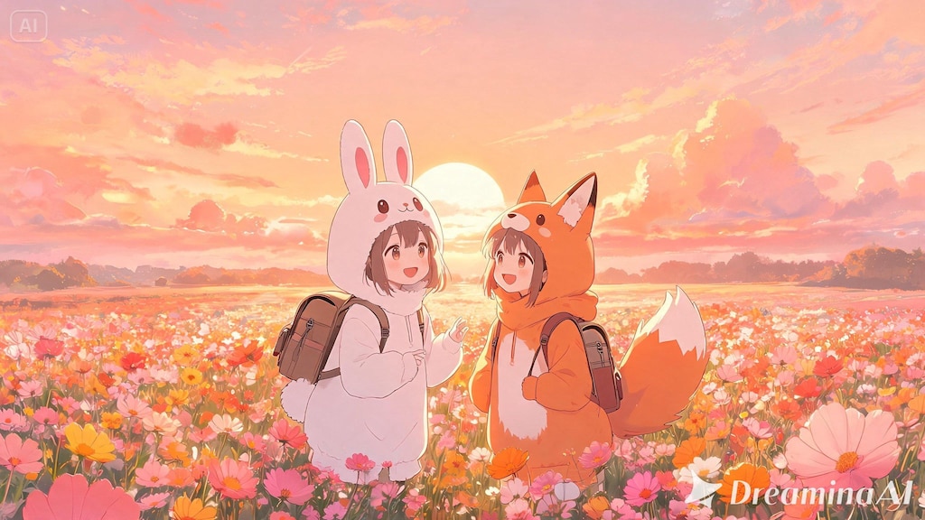 【All0508a】今日もやる気が出ないので、郊外の春花が沢山植えられた花畑にやって来た、着ぐるみ少女冒険者達は沢山の綺麗な花を見た事により気分が晴れてやる気が出てきた。（Seedream 5.0）
