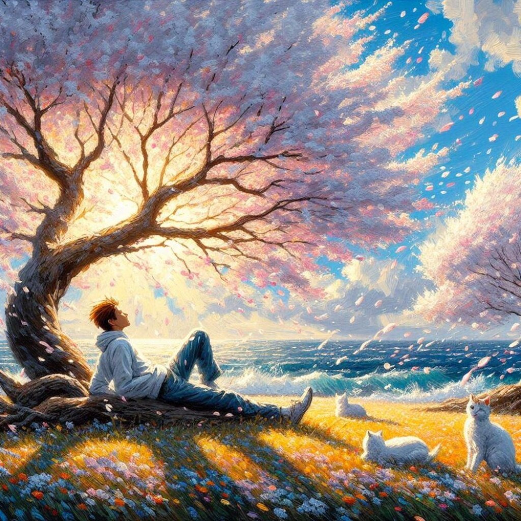 アクリル風 春桜 #伏し目 猫