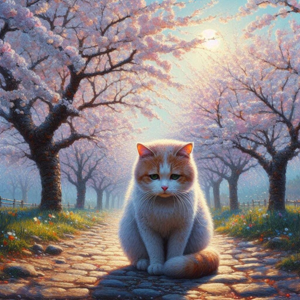 アクリル風 春桜 #伏し目 猫