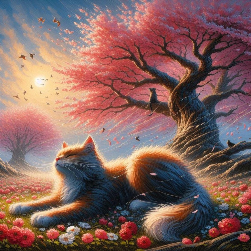 アクリル風 春桜 #伏し目 猫