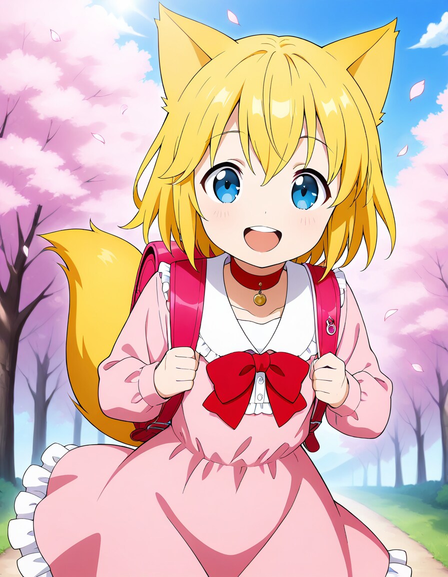 ピンクのランドセルと服を着て薄桃色が舞い踊る通学路を満開の桜に負けないくらい生き生きとした満面の笑みで走り抜けるも数秒後に小… | の人気AIイラスト・グラビア