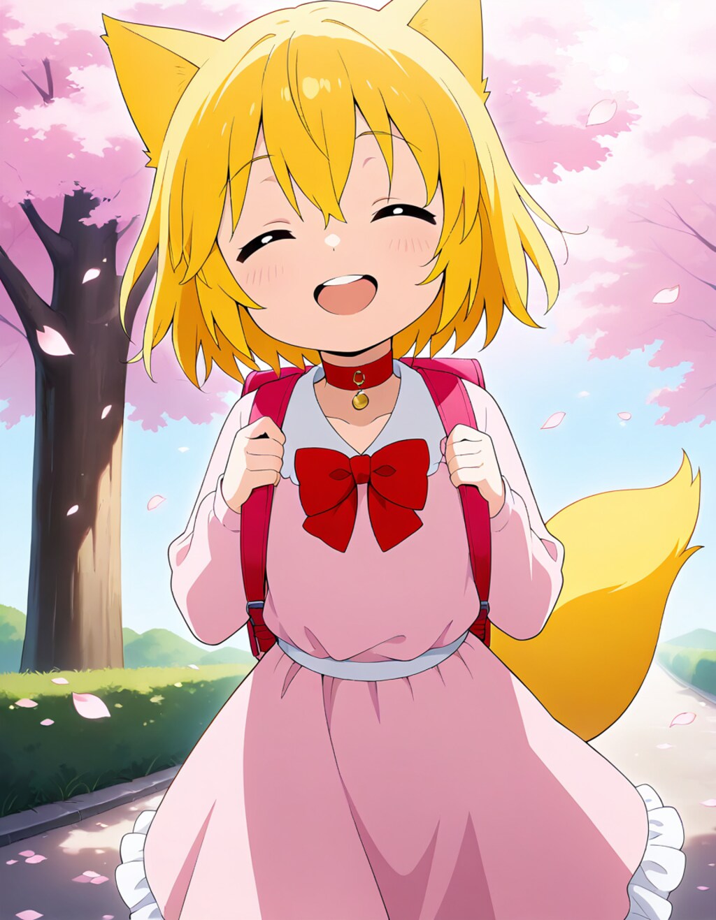 ピンクのランドセルと服を着て薄桃色が舞い踊る通学路を満開の桜に負けないくらい生き生きとした満面の笑みで走り抜けるも数秒後に小…