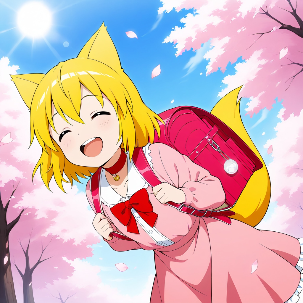 ピンクのランドセルと服を着て薄桃色が舞い踊る通学路を満開の桜に負けないくらい生き生きとした満面の笑みで走り抜けるも数秒後に小…