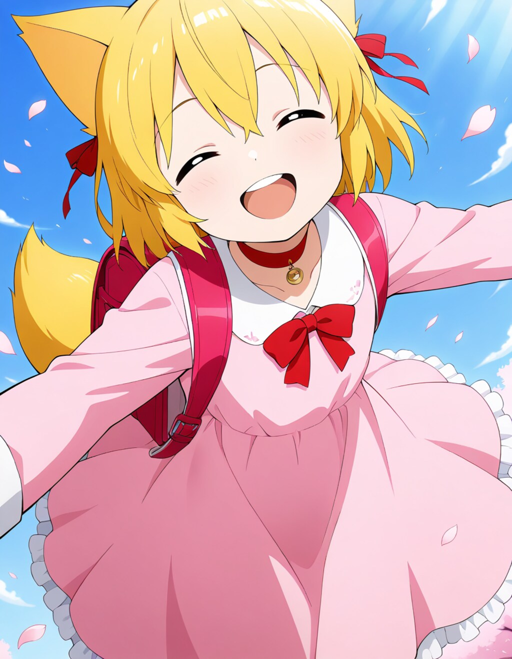 ピンクのランドセルと服を着て薄桃色が舞い踊る通学路を満開の桜に負けないくらい生き生きとした満面の笑みで走り抜けるも数秒後に小…