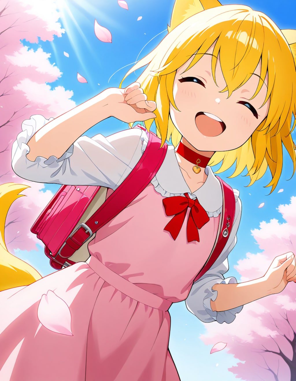 ピンクのランドセルと服を着て薄桃色が舞い踊る通学路を満開の桜に負けないくらい生き生きとした満面の笑みで走り抜けるも数秒後に小…