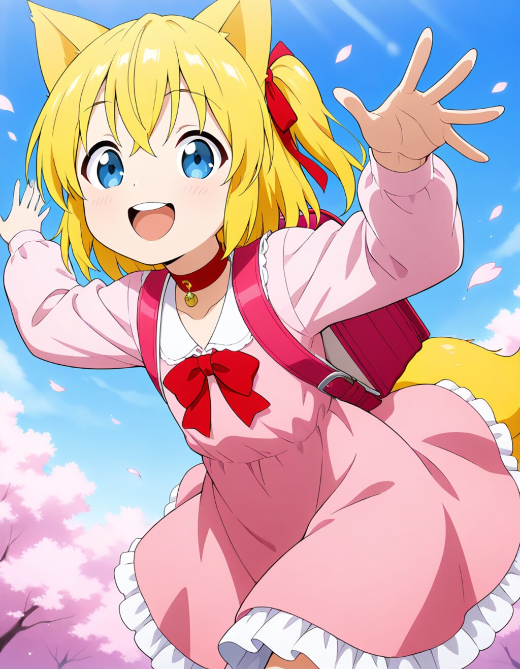 ピンクのランドセルと服を着て薄桃色が舞い踊る通学路を満開の桜に負けないくらい生き生きとした満面の笑みで走り抜けるも数秒後に小…