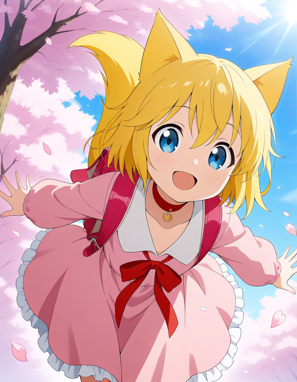 ピンクのランドセルと服を着て薄桃色が舞い踊る通学路を満開の桜に負けないくらい生き生きとした満面の笑みで走り抜けるも数秒後に小…