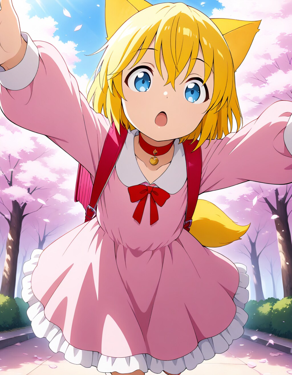 ピンクのランドセルと服を着て薄桃色が舞い踊る通学路を満開の桜に負けないくらい生き生きとした満面の笑みで走り抜けるも数秒後に小…