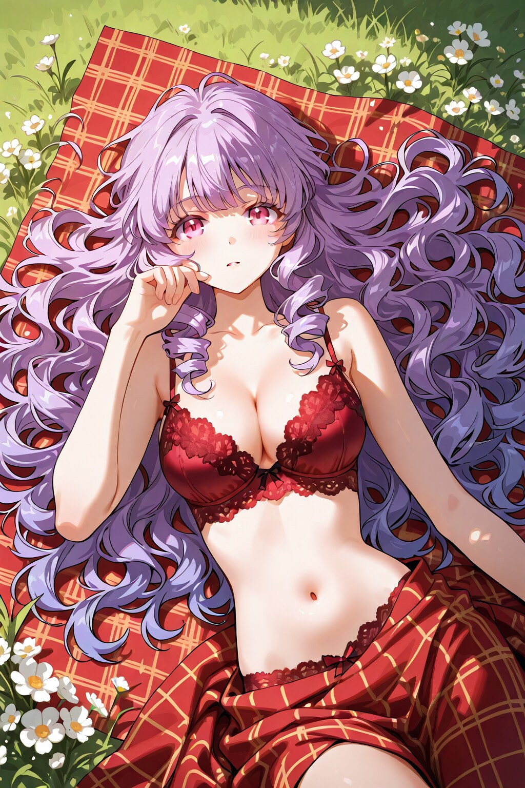 ピクニックを楽しむランジェリー姿の少女