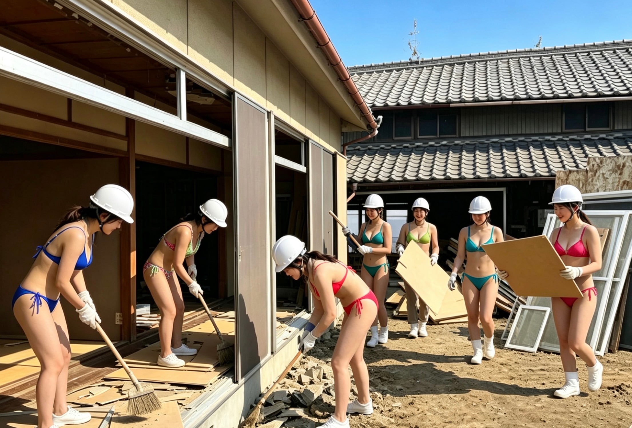 解体工事現場で働くビキニお姉さんたち