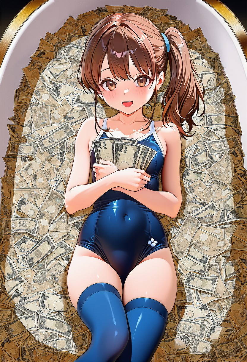 札束風呂に入るスク水サイドポニー女子