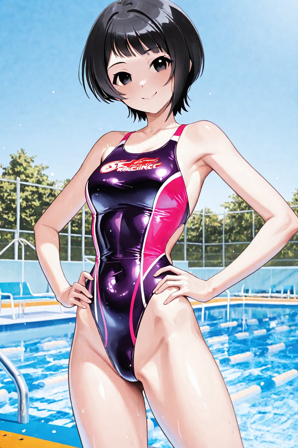 競泳水着で準備運動。