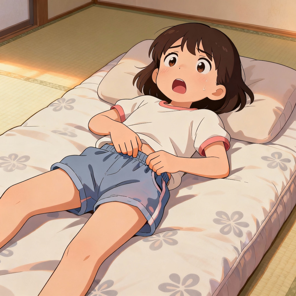 短パンのゴムを気にするガール