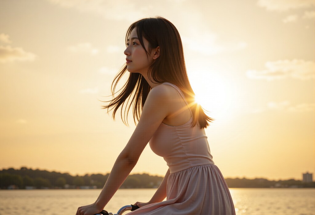 夕日と自転車の女の子