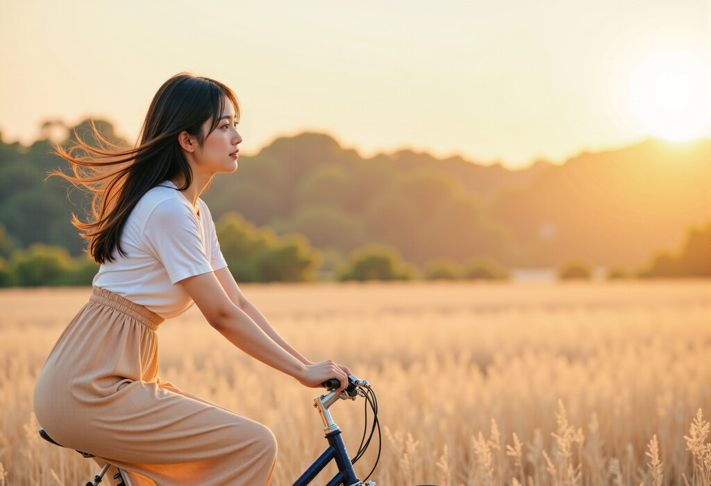 夕日と自転車の女の子