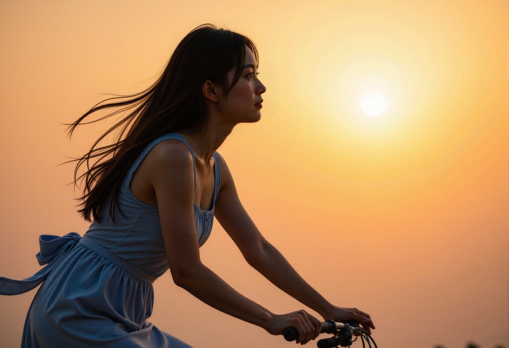 夕日と自転車の女の子