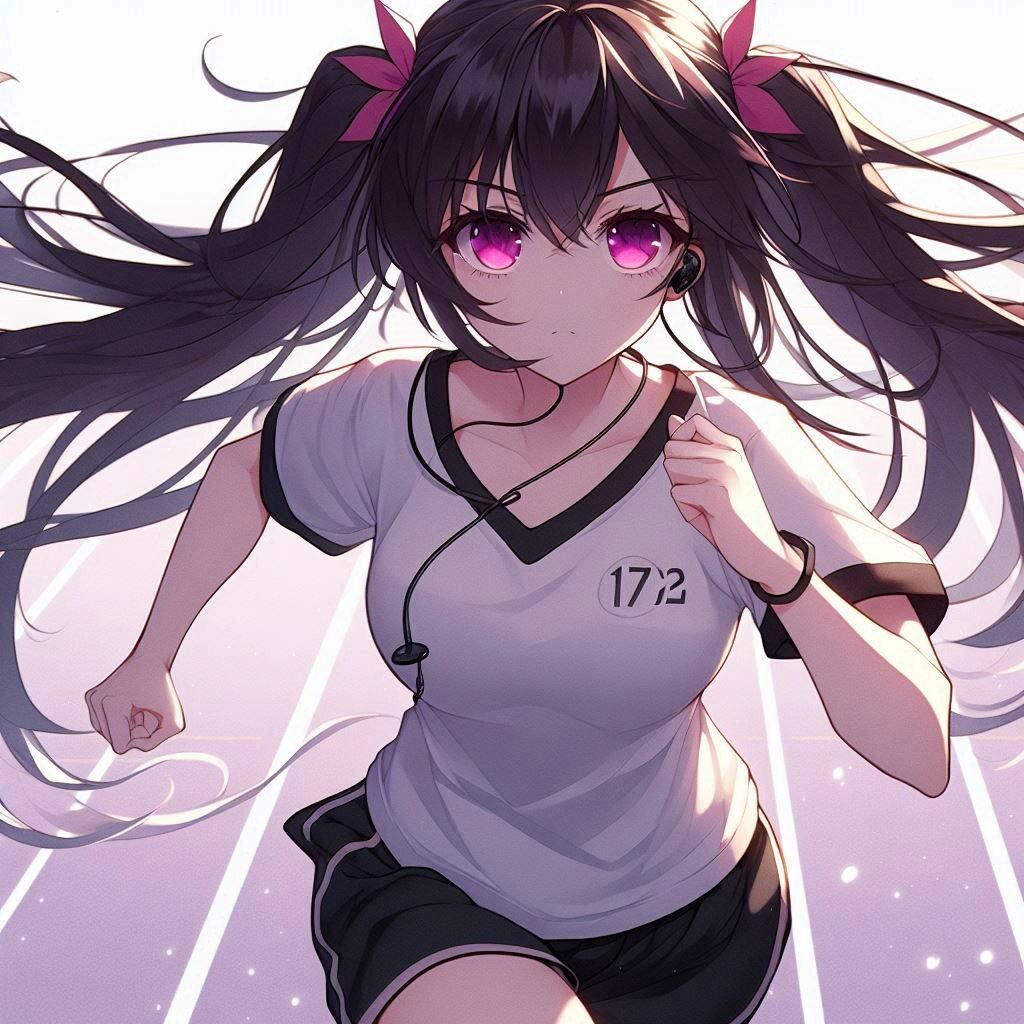 トレーニングでランニングしている、黒髪ツインテール少女！！(4枚)