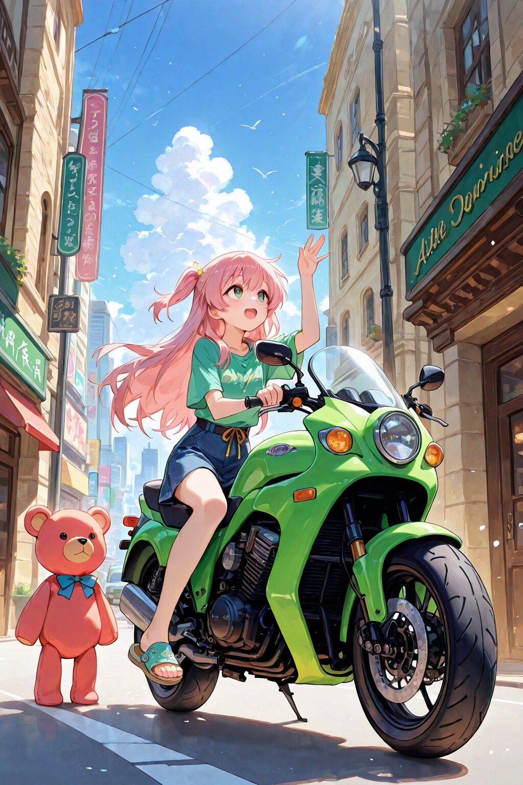バイク好きな彼女とぬいぐるみ | の人気AIイラスト・グラビア