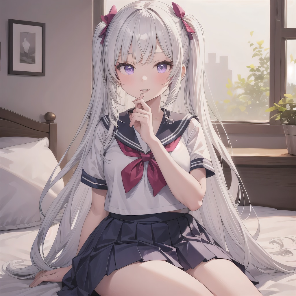 白髪ツインテで寝室の少女２